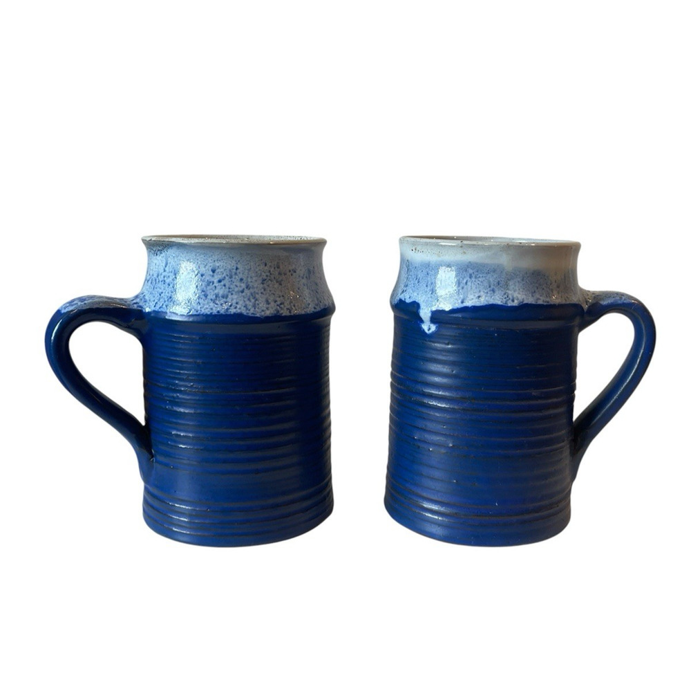 Vintage Blue Drip Glaze Mugs Set of 2 Handmade Studio Art Pottery Stoneware